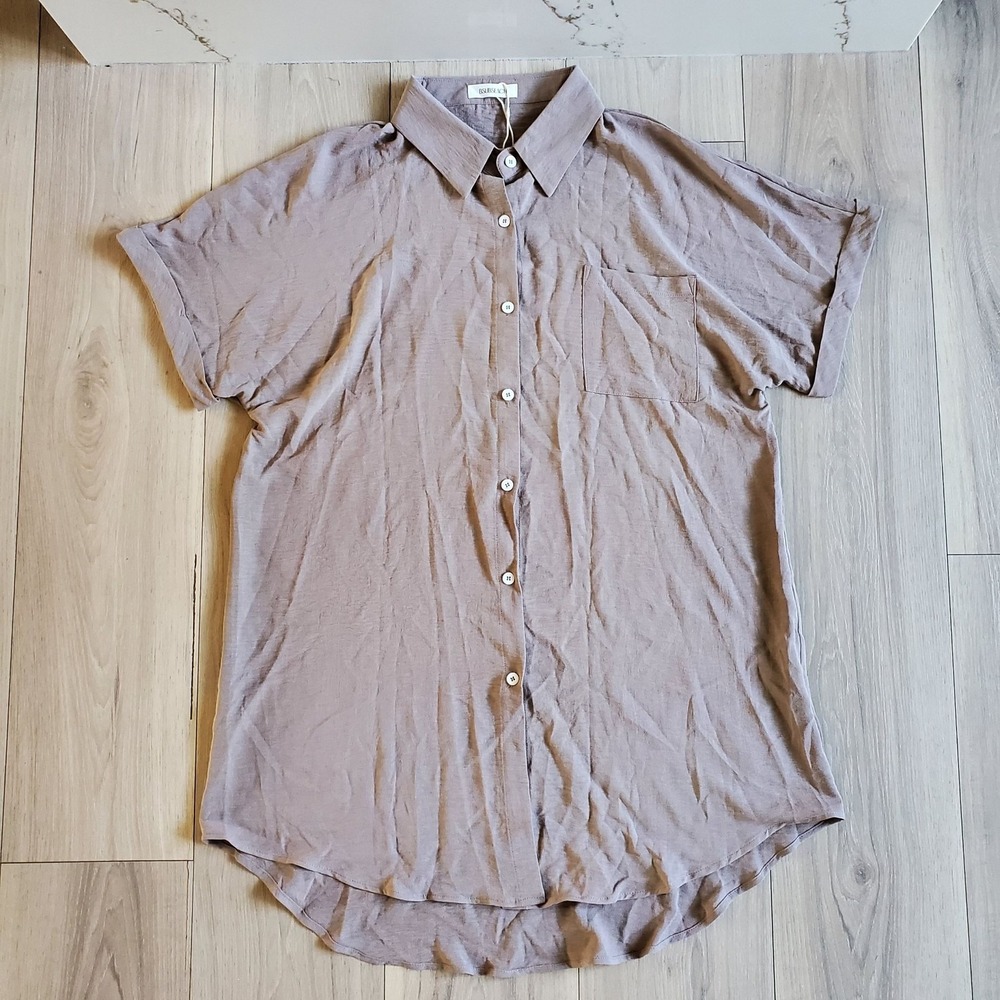 BSUBSEACH Shirt Womens L Beige Button Front Short Sleeve Beach Cover Up Blouse